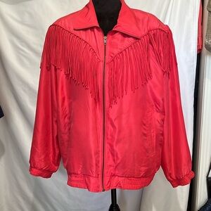 Fuda International 100% Silk Fringe Jacket sz L dark coral color